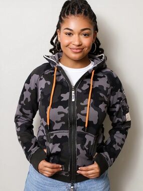 NWT Thumb United Women’s Black & Gray Camo Zip Hoodie w/ Orange Drawcords Large